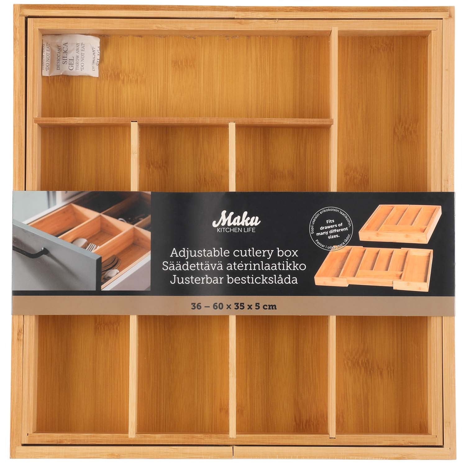 Een houten bestekbak met meerdere vakken, bovenzijde van een lade.