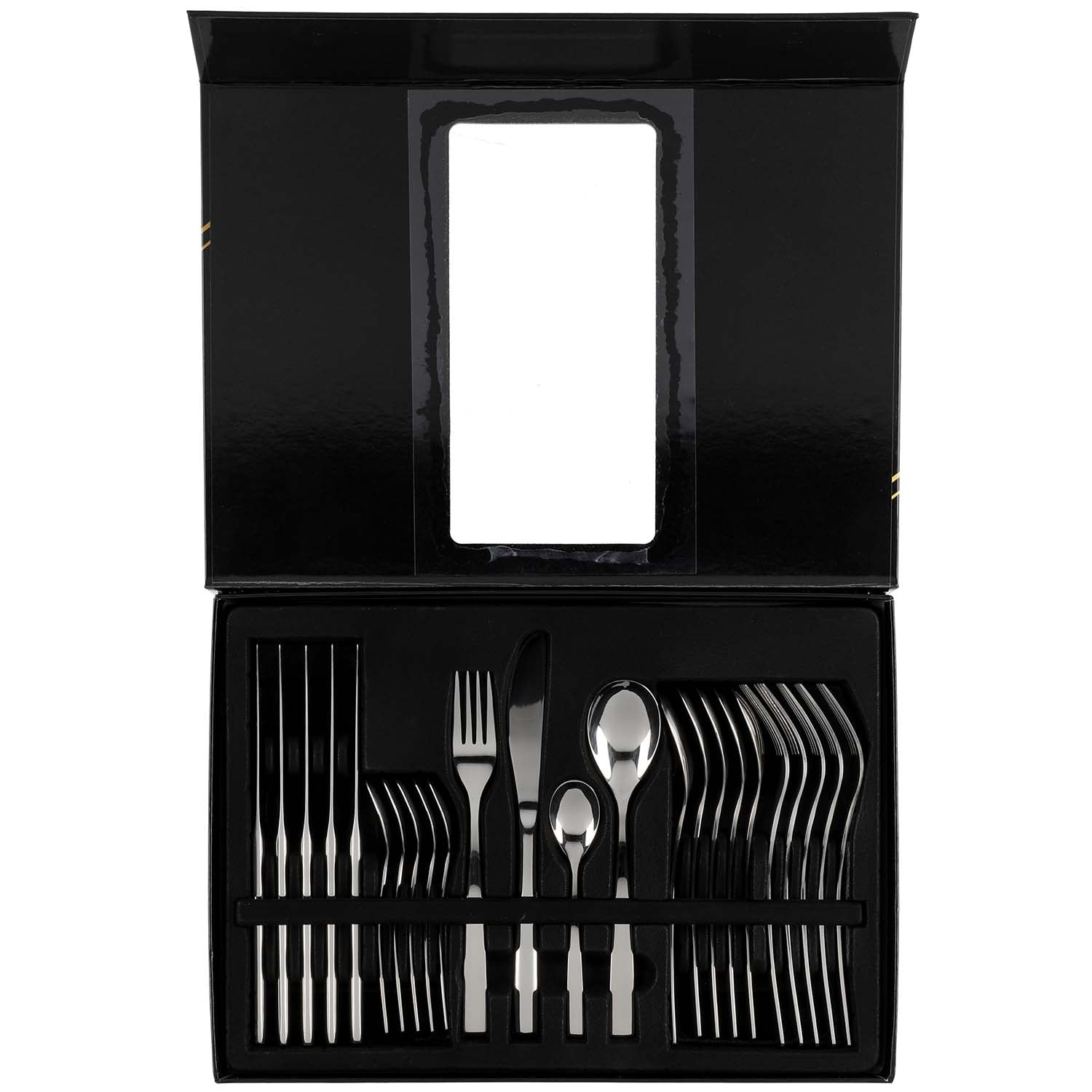 A black box with polished cutlery: knives, forks, spoons, and teaspoons.