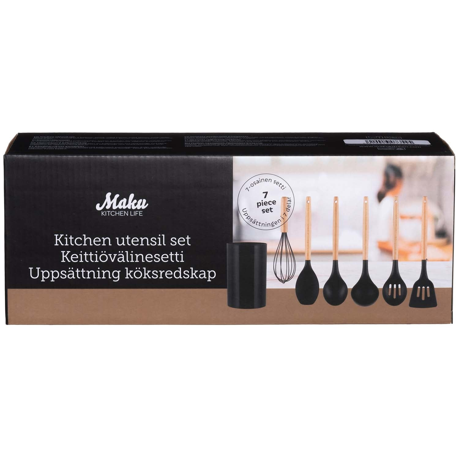 Verpakking van een keukengerei set met houten handvatten en zwarte siliconen koppen.