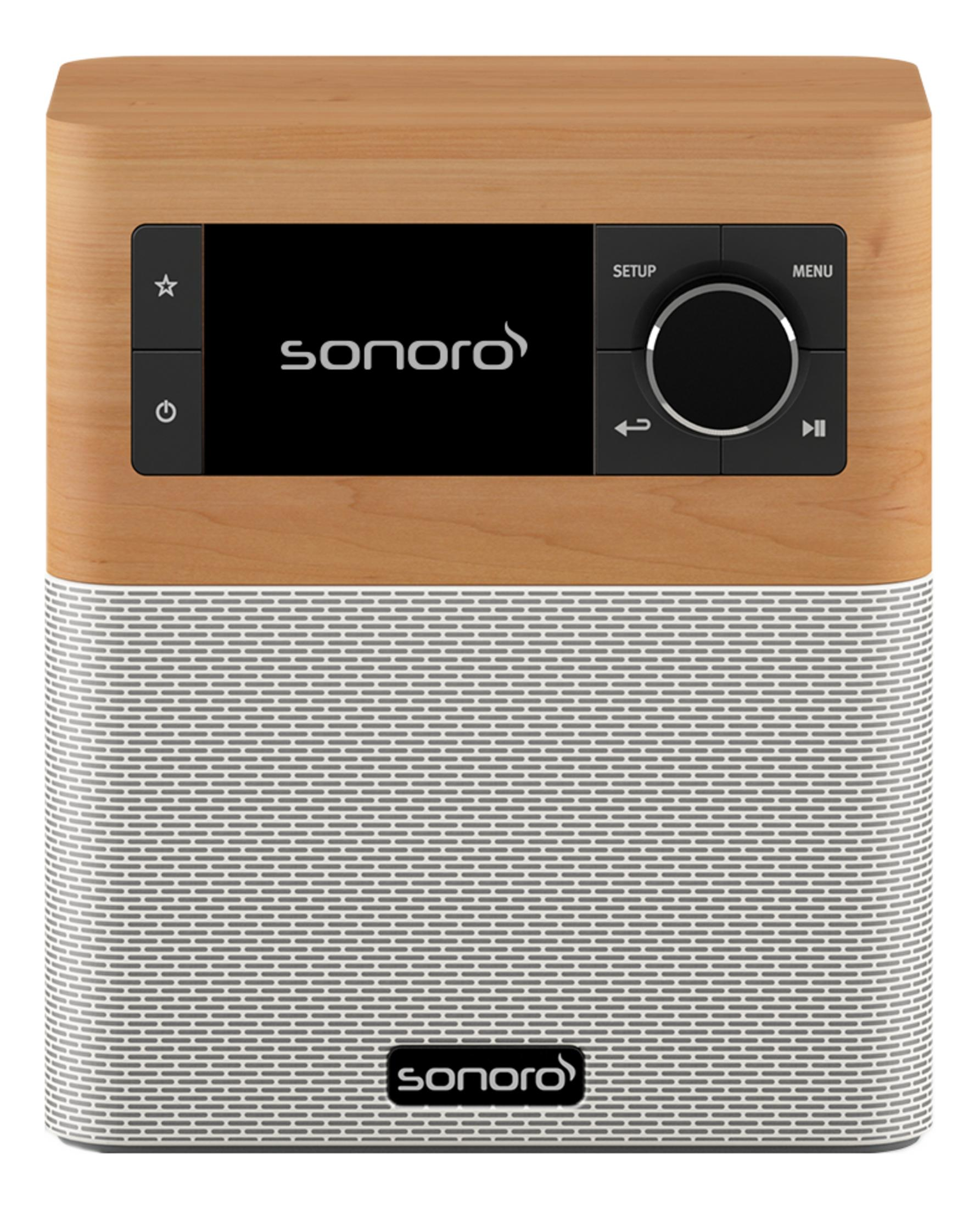 Drewniane radio z materiałową kratką i czarnym panelem sterowania.