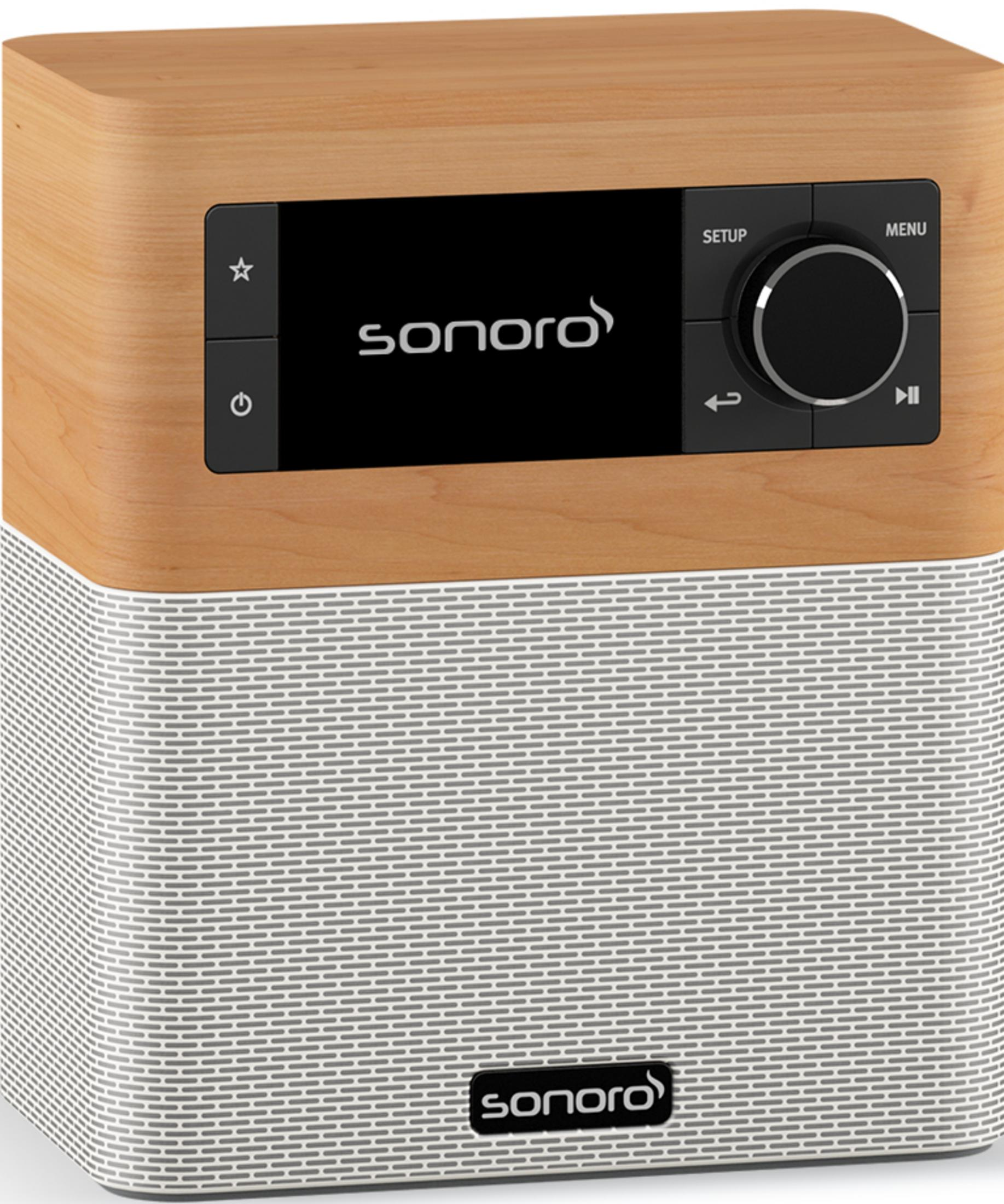 Drewniane radio z czarnym ekranem i srebrną maskownicą głośnika.