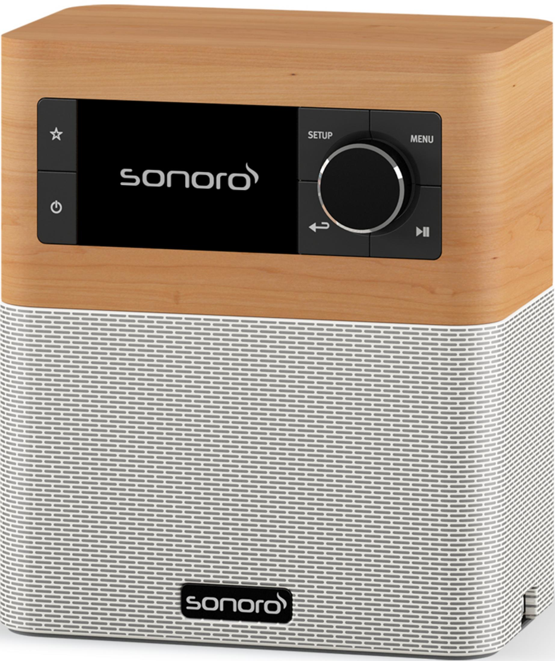 Drewniane radio z czarnym panelem sterowania i kratką głośnika.