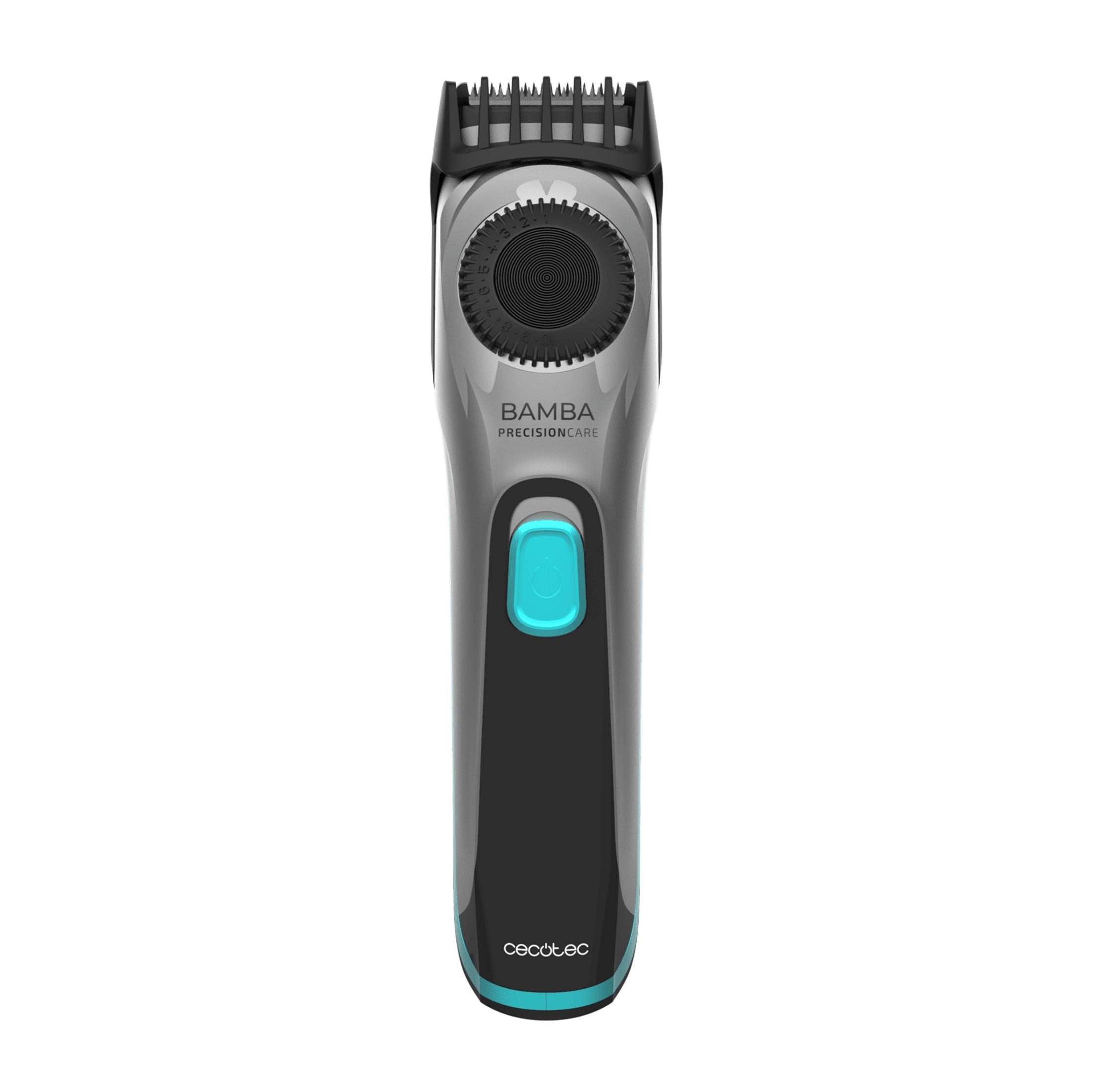 Een zilverkleurige en zwarte trimmer met een blauwe knop en instelring.