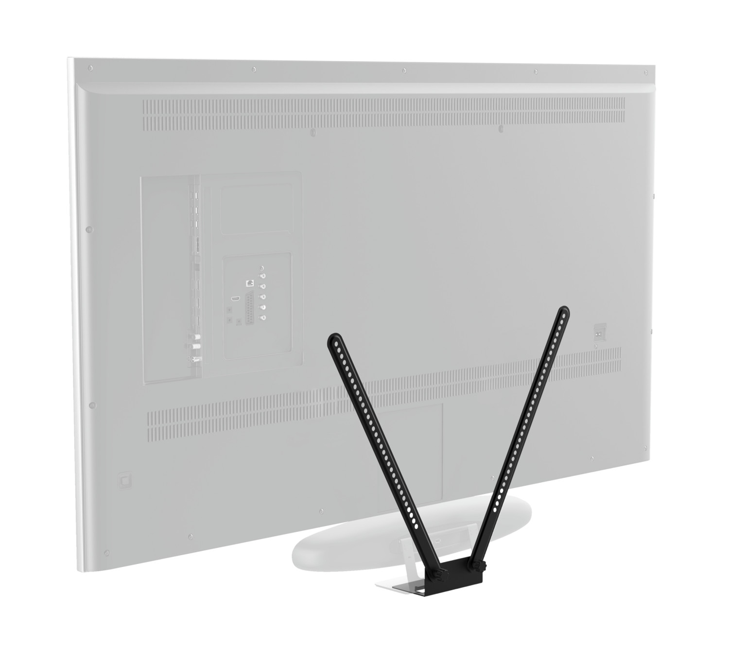 Rückseite eines Fernsehers mit einem schwarzen Standfuß und einem V-förmigen Halter.