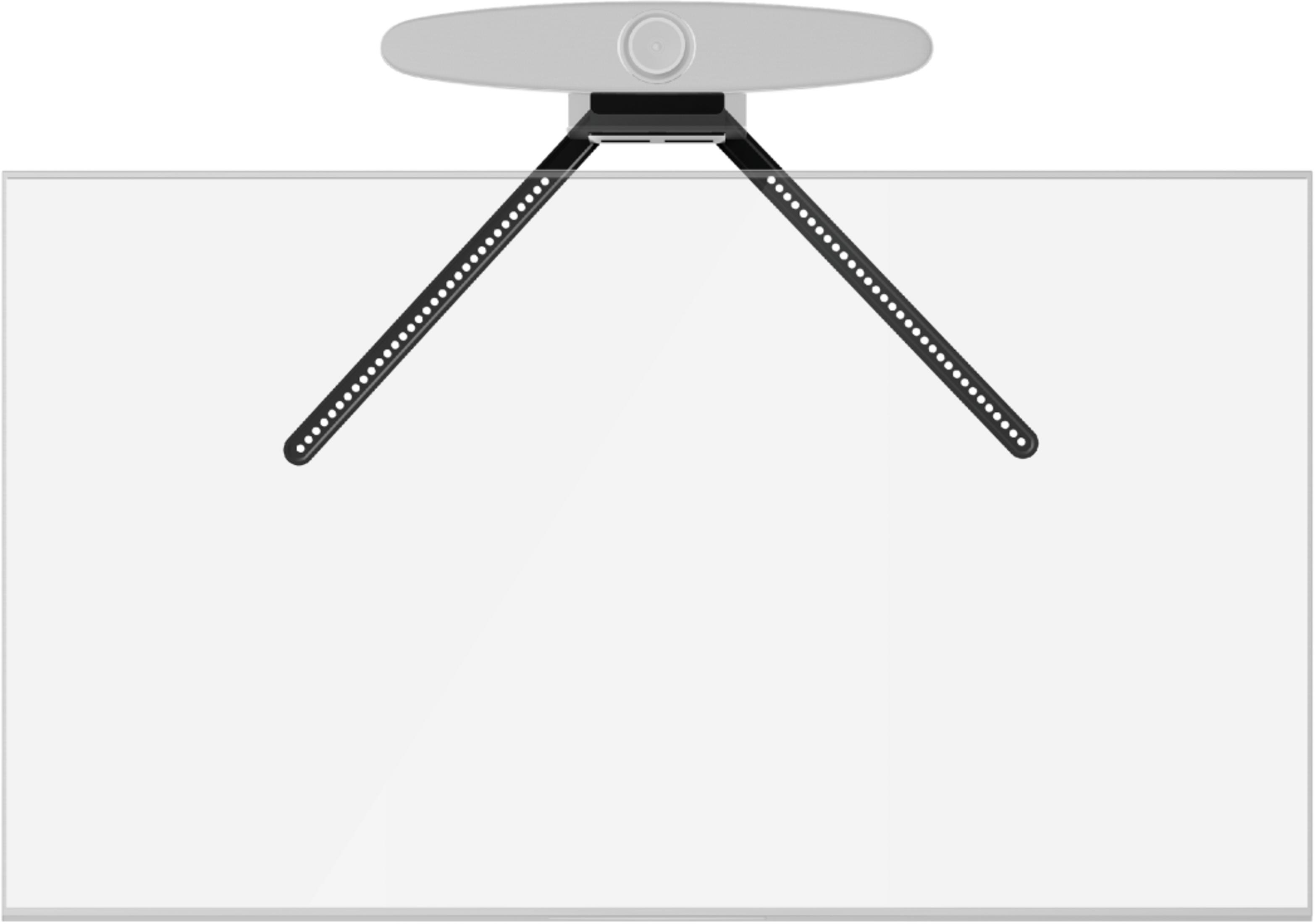 Eine weiße Tafel mit einer Deckenhalterung und zwei schwarzen Armen.