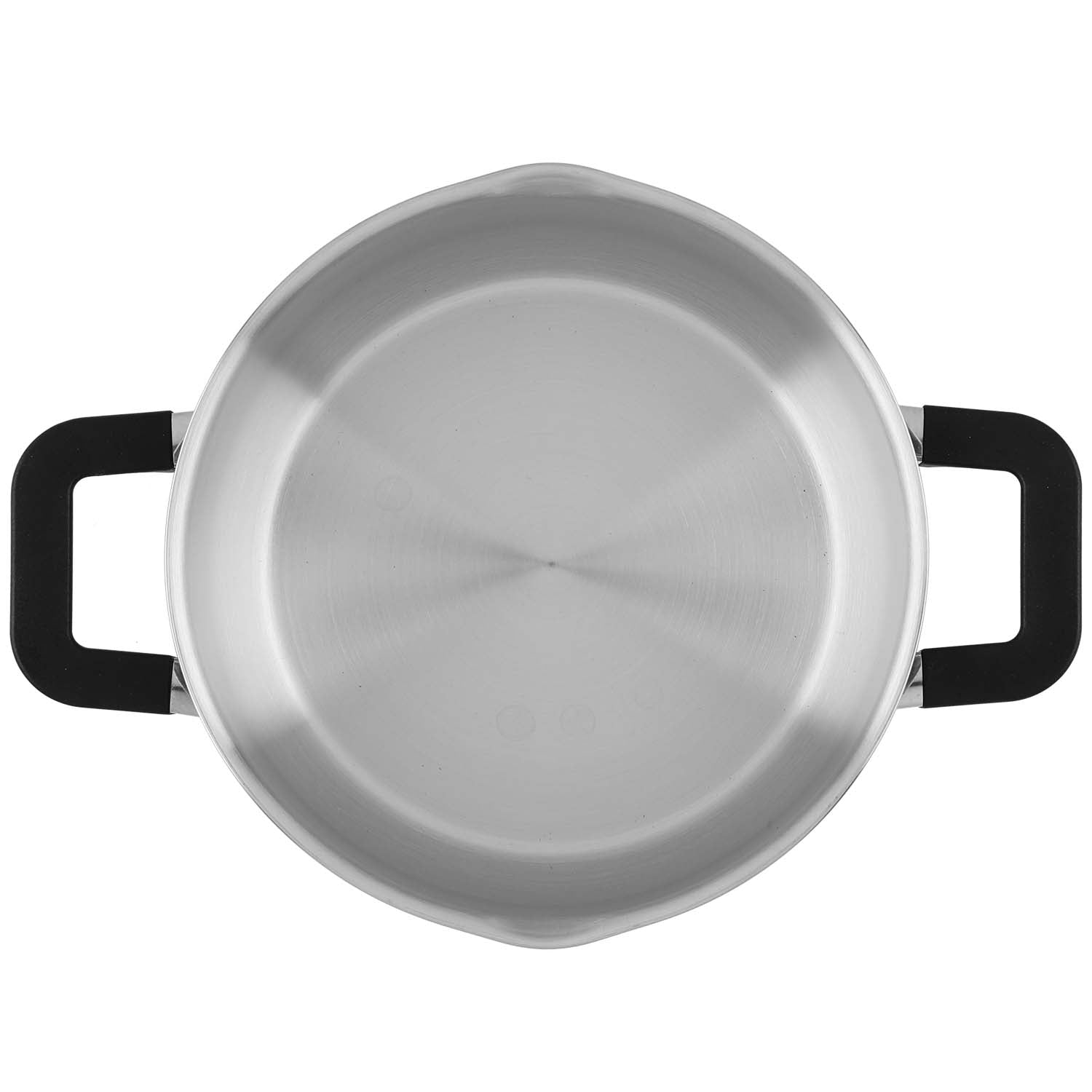 Een lege zilveren kookpot met zwarte handvatten, van bovenaf gezien.