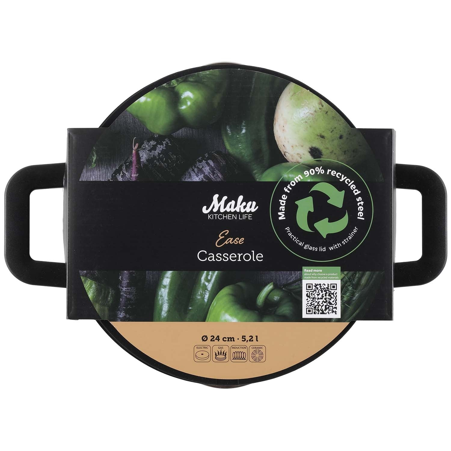 Maku Ease pan met glazen deksel, 24cm, van 90% gerecycled staal.