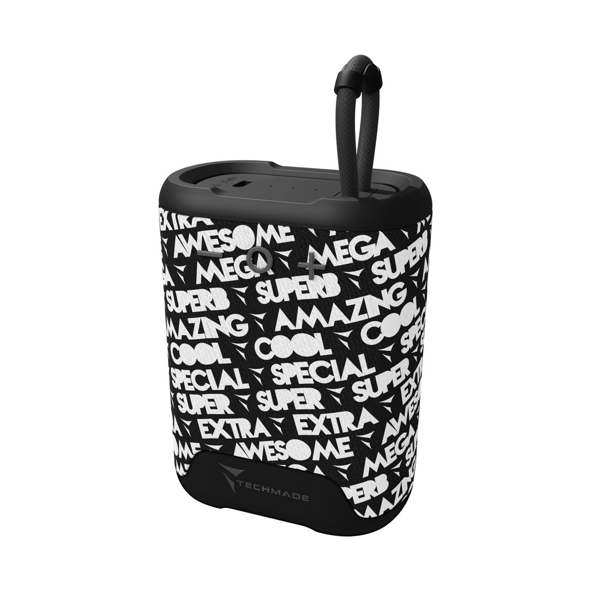 Altoparlante nero con motivo testuale bianco: AWESOME, MEGA, SUPERB, AMAZING, COOL.