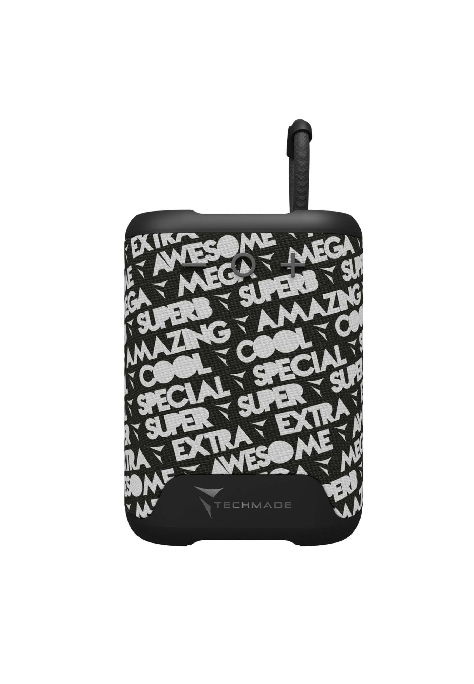 Altoparlante nero con motivo testuale bianco: AWESOME, MEGA, COOL.