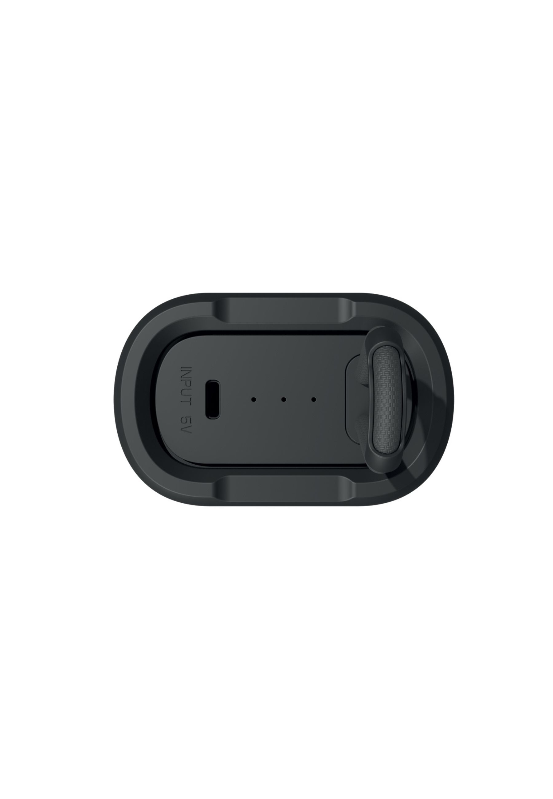 Coperchio nero con porta di ricarica e tre punti indicatori.