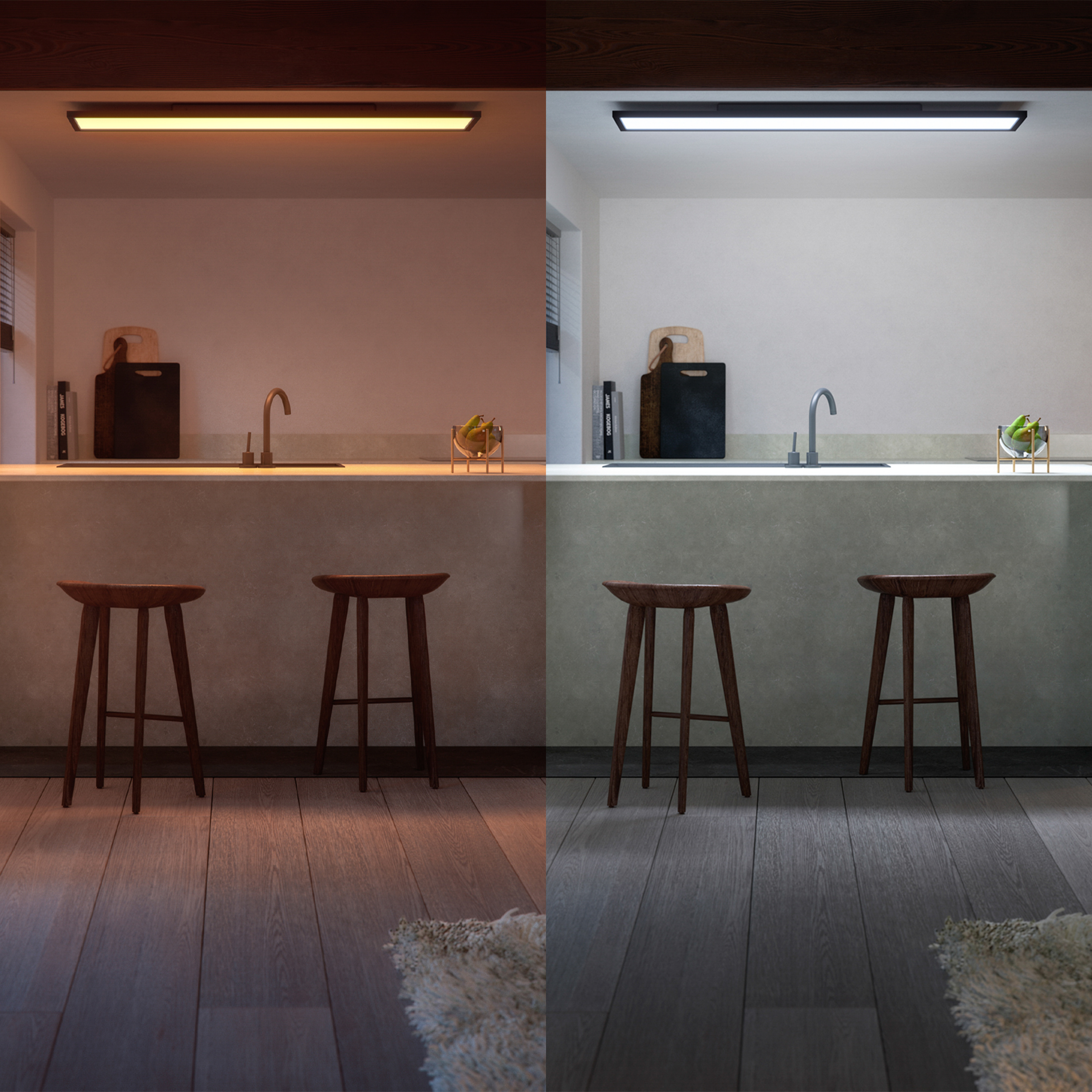 Cocina en dos ambientes de luz: cálido y frío. Se ven taburetes y fregadero.