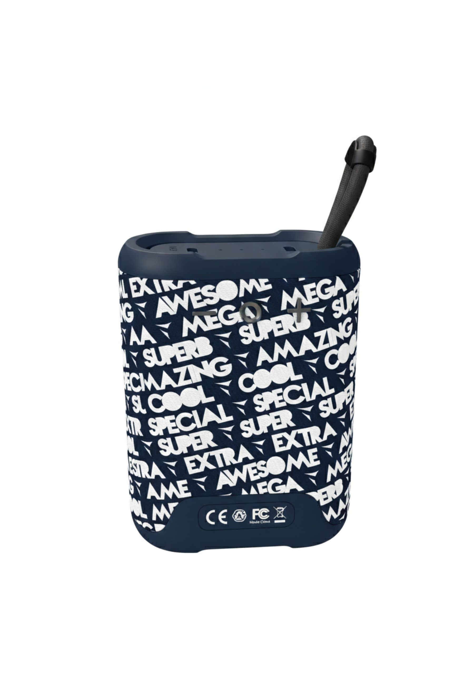 Altoparlante blu scuro con motivo testuale bianco: AWESOME, MEGA, SUPERB.