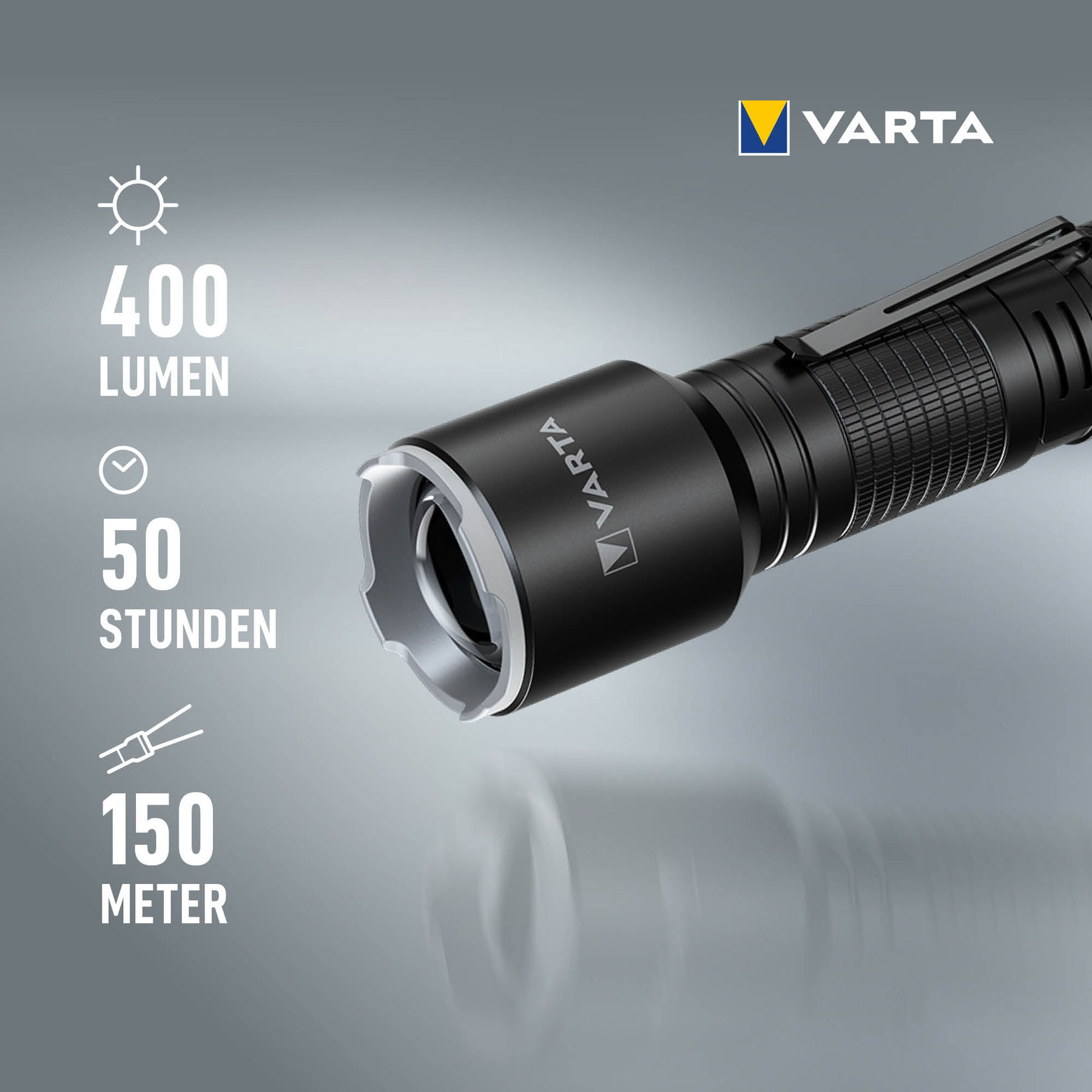 Torcia Varta nera, 400 lumen, 50 ore, 150m di portata.