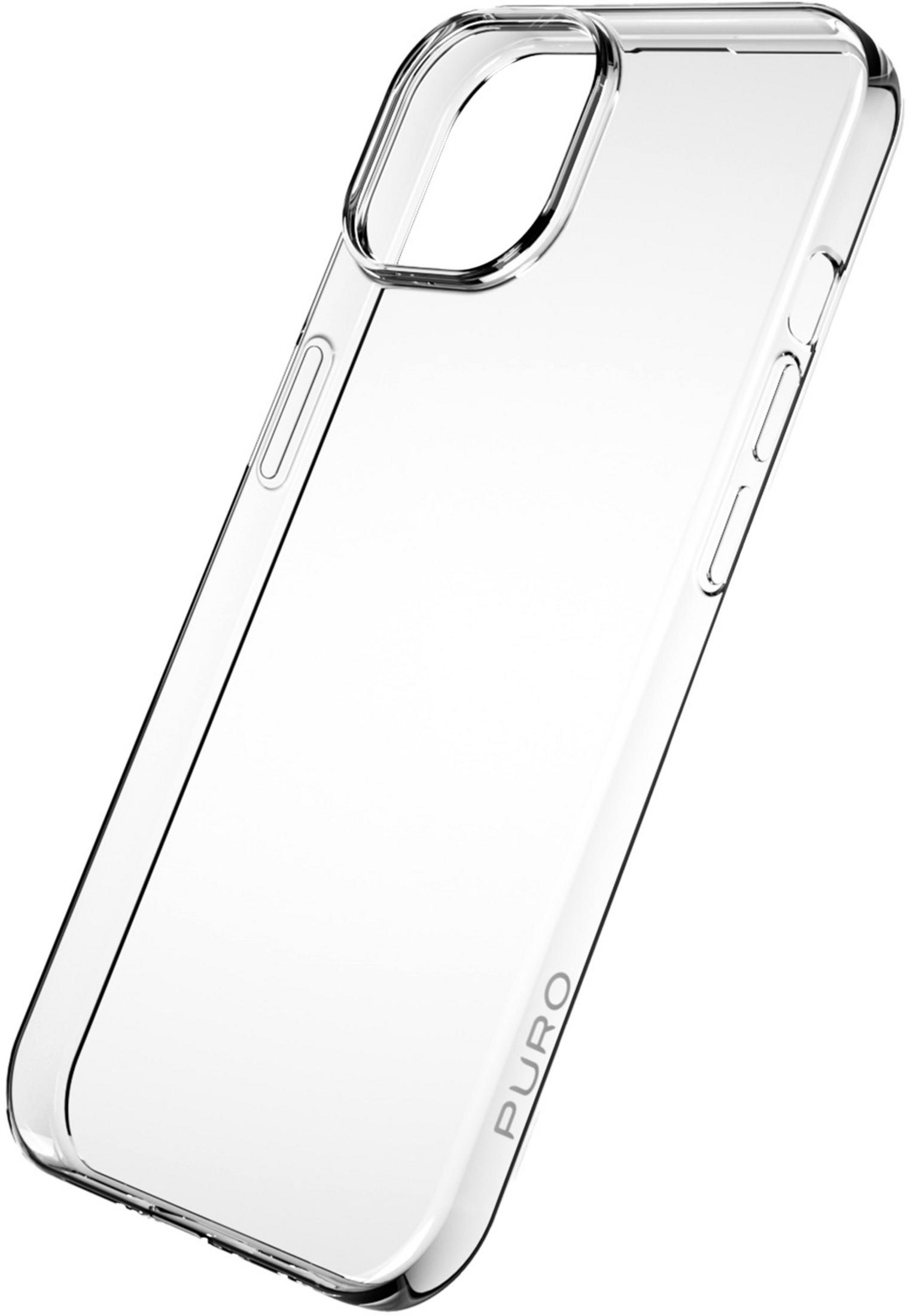 Custodia trasparente per telefono con logo PURO, su sfondo bianco.