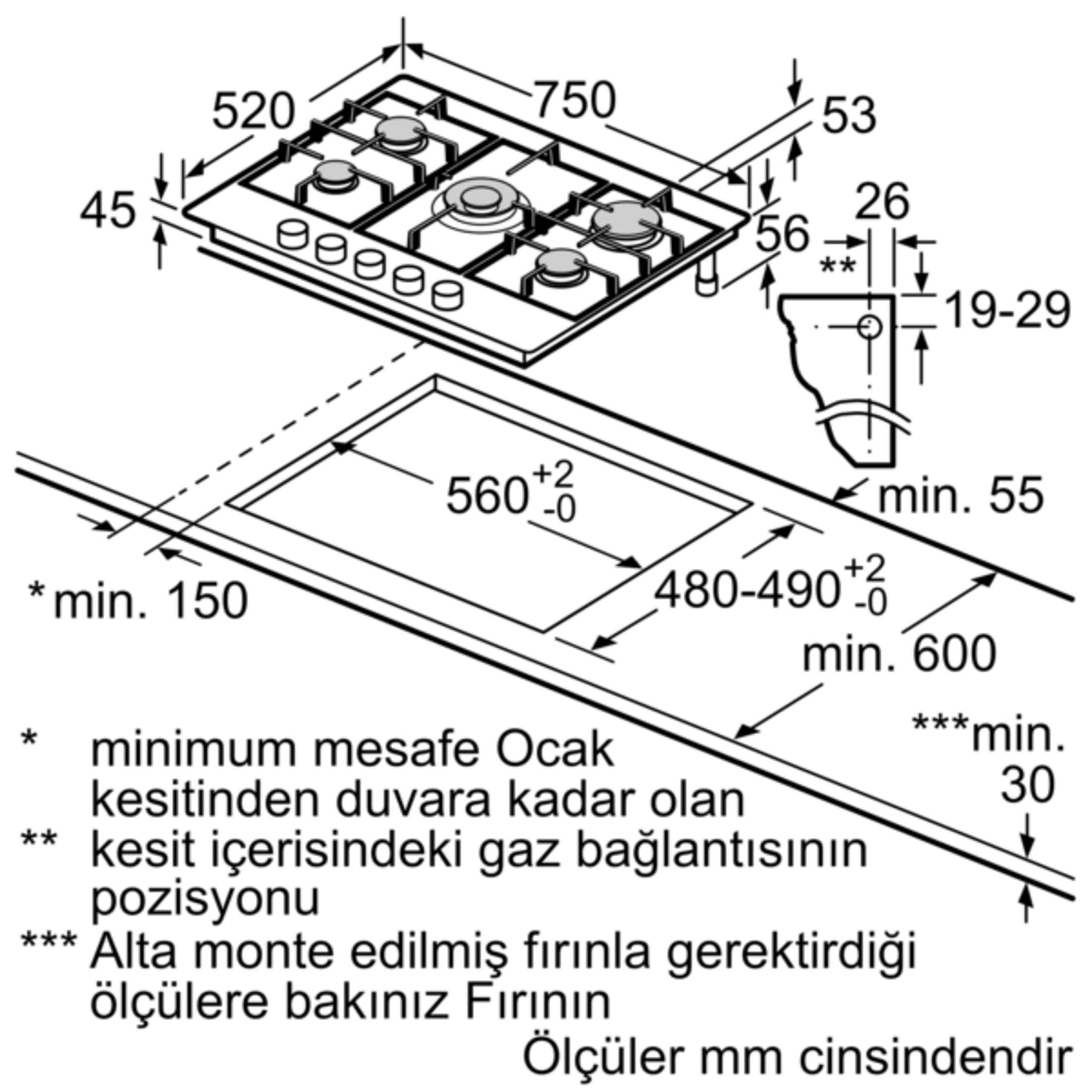 Gazlı ocak teknik çizimi, ölçüler mm cinsindendir.