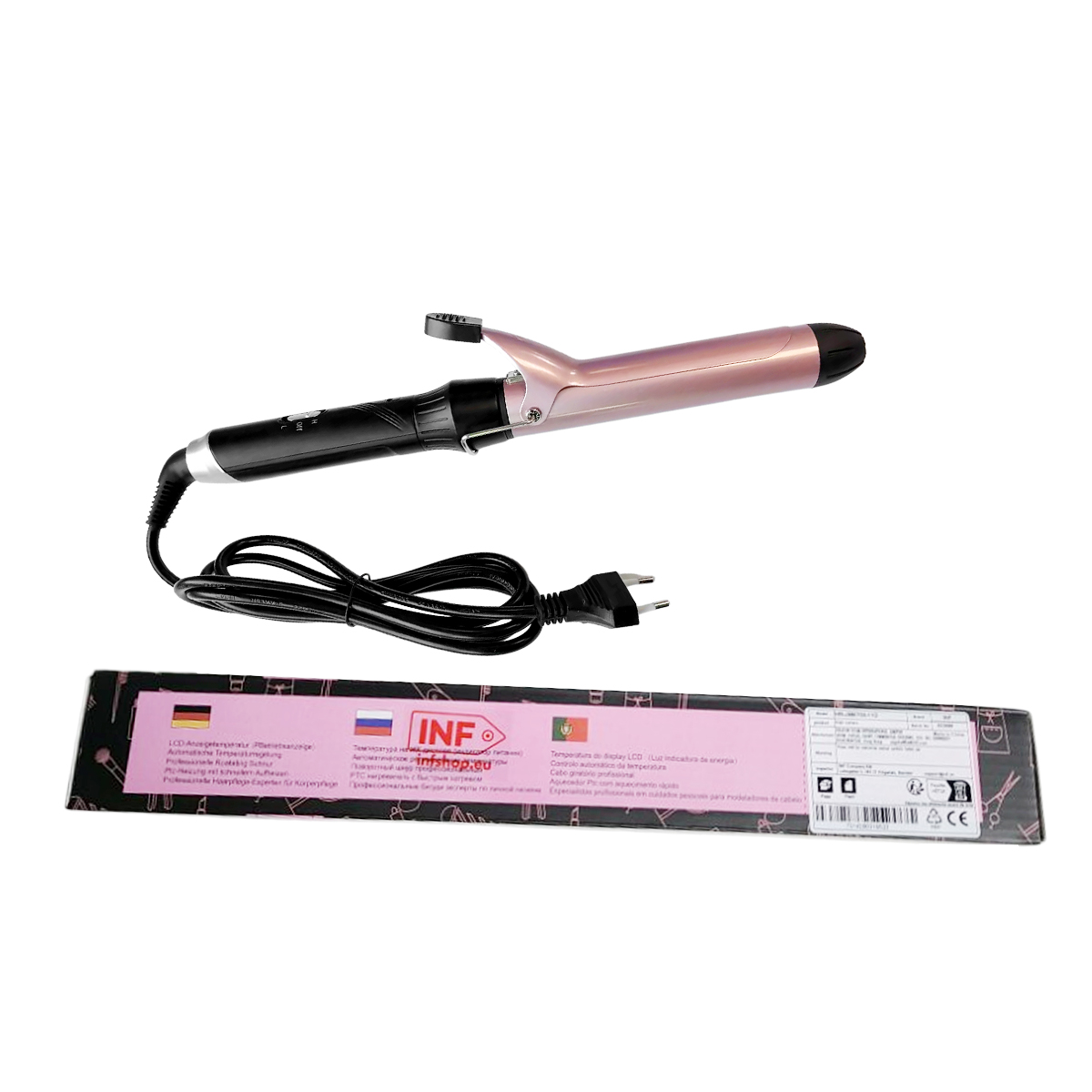 Un ferro arricciacapelli color oro rosa con manico e cavo neri su sfondo bianco.