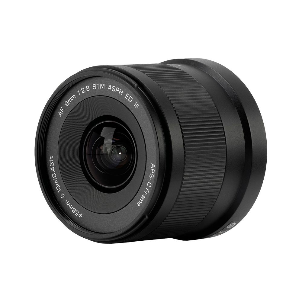 Obiettivo fotocamera nero con testo AF 9mm 1:2.8 STM ASPH ED IF.