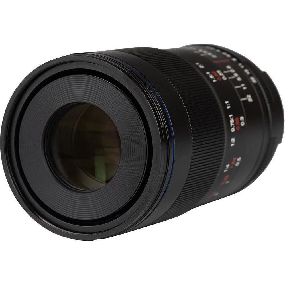 A black camera lens with focus and aperture rings, on a white background.