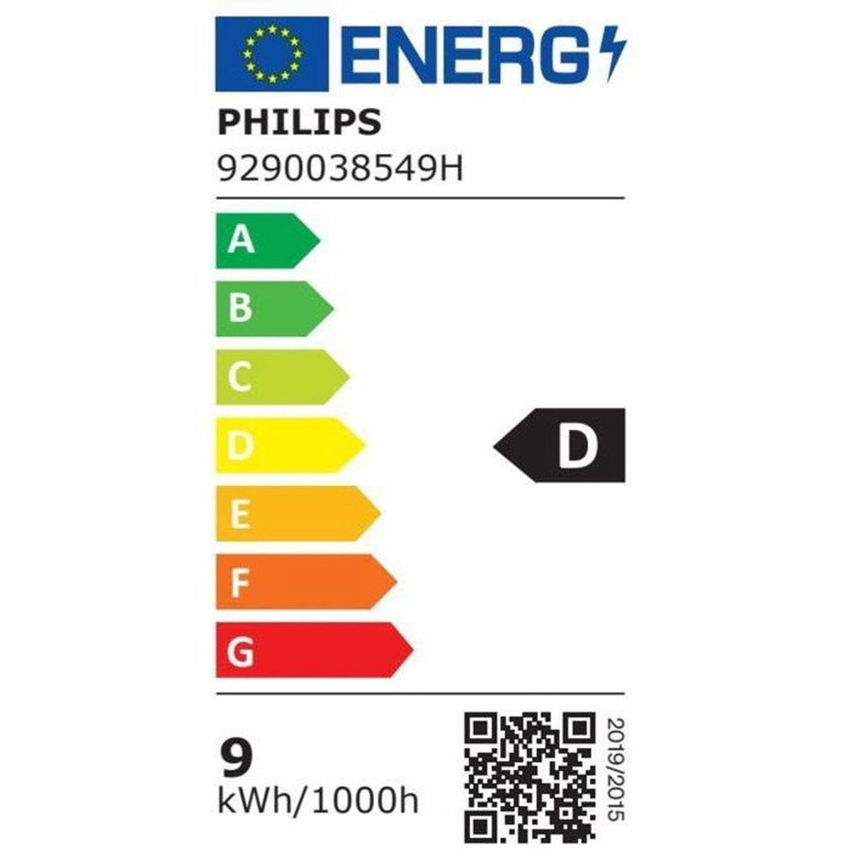 Etichetta energetica Philips: classe D, 9 kWh/1000h.