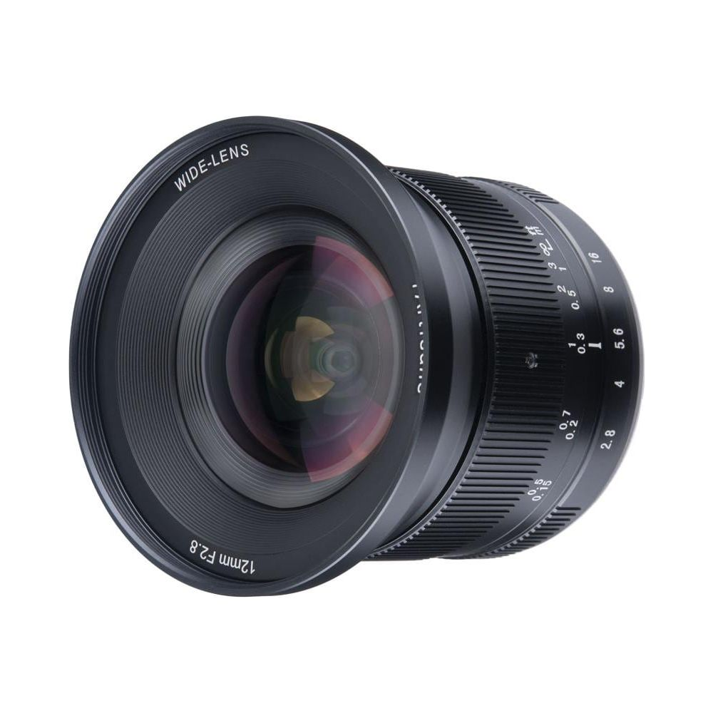 A black wide-angle lens with 12mm F2.8 and focus/aperture ring.