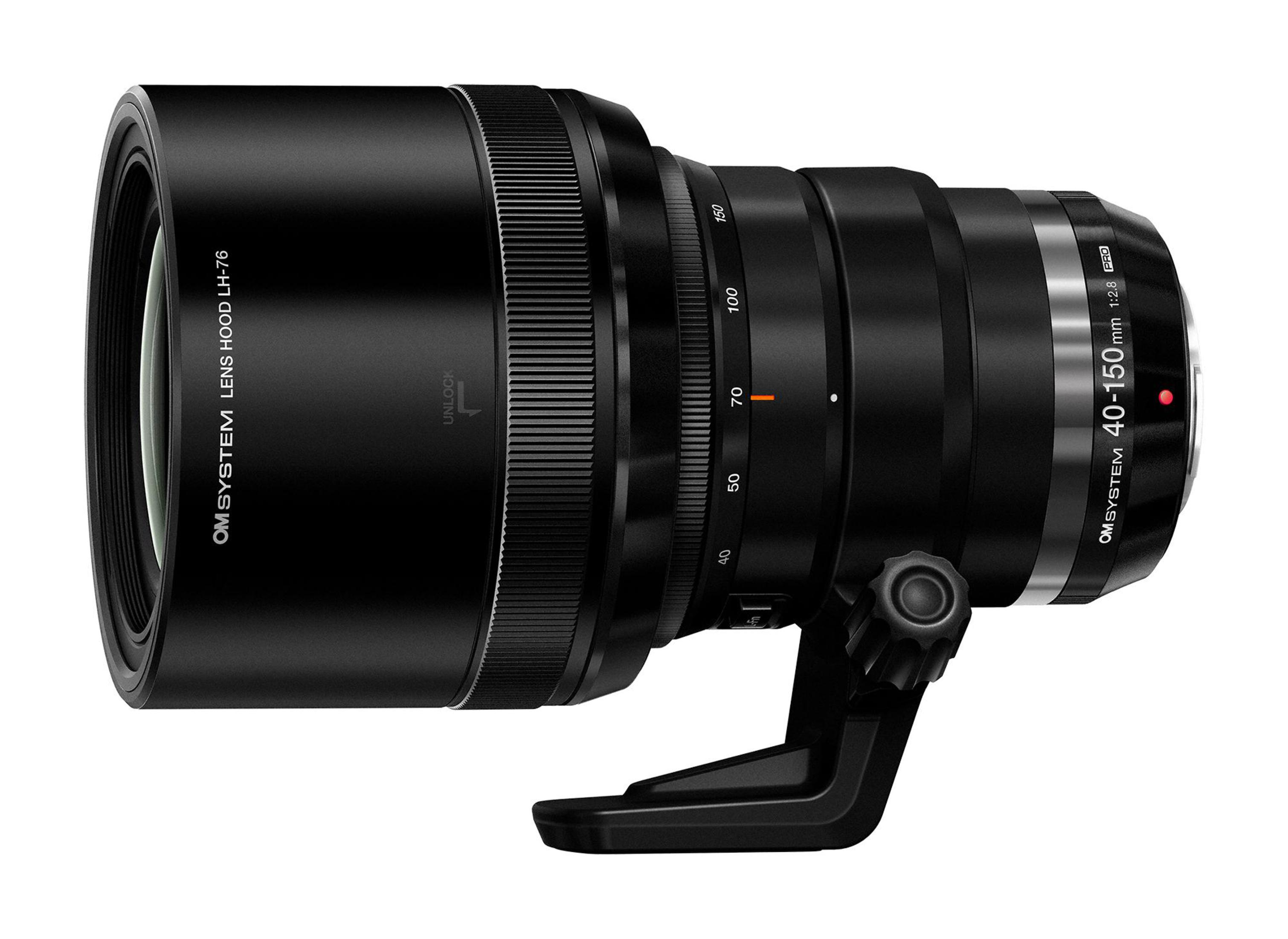 Obiettivo OM SYSTEM 40-150mm 1:2.8 PRO nero con ghiera zoom e collare per treppiede.