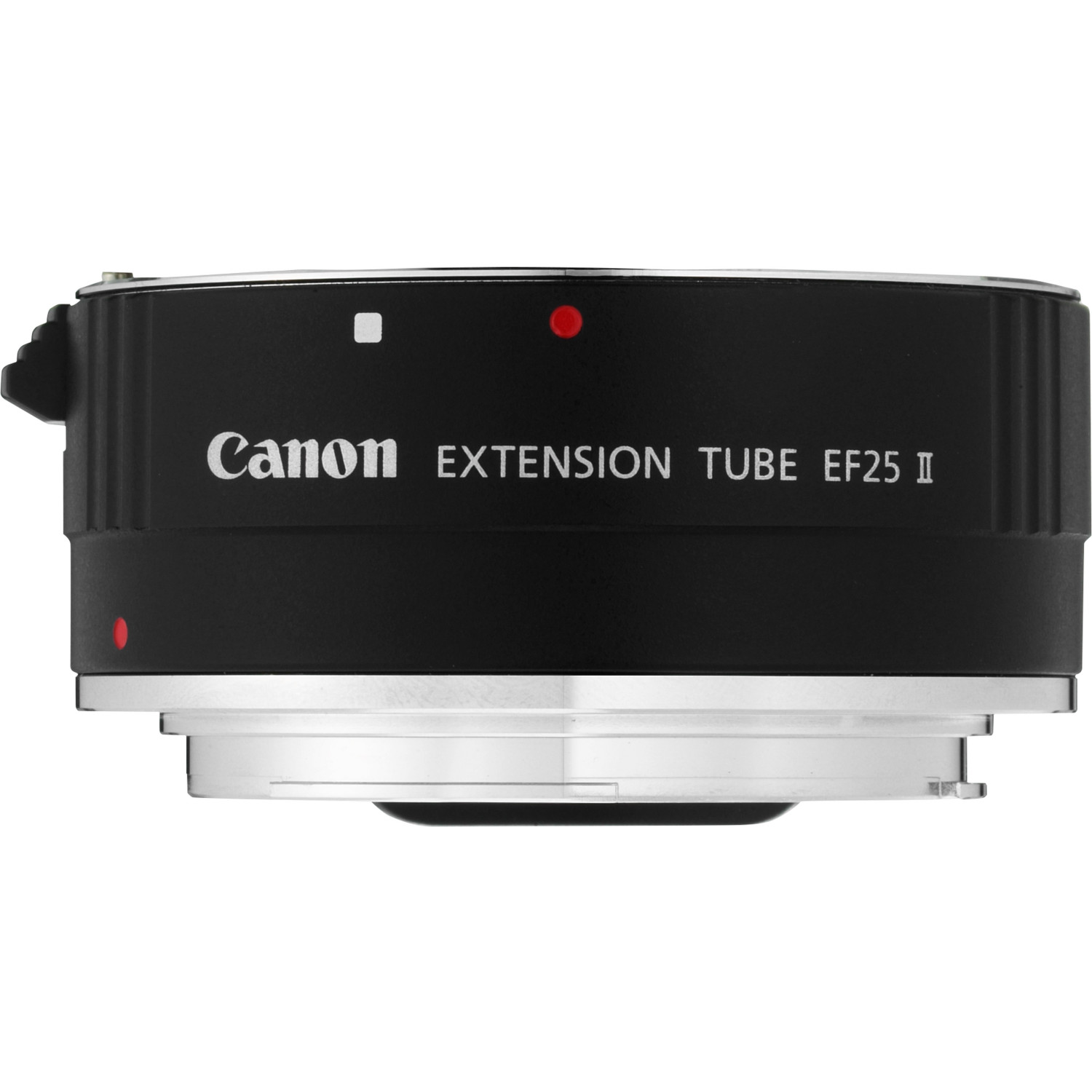 Tubo di estensione Canon EF25 II nero con anelli e segni argentati.