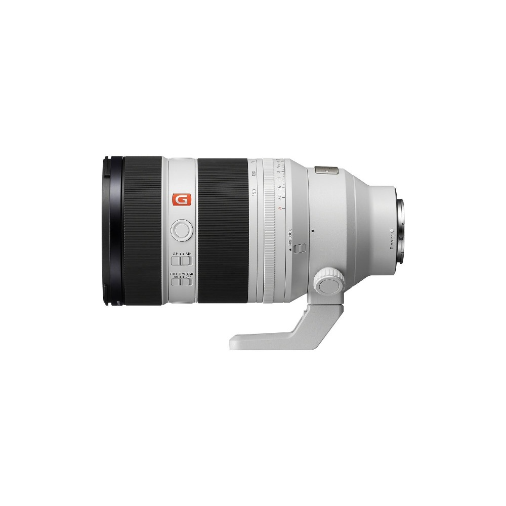Un obiettivo Sony G bianco con anelli di zoom e messa a fuoco neri.