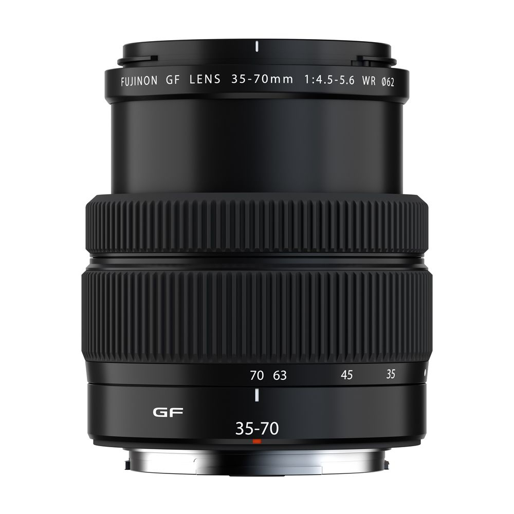 Schwarzes Fujinon GF 35-70mm Objektiv mit Fokusring und Zoomring.