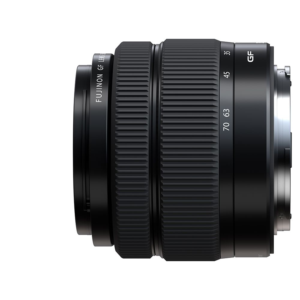 Schwarzes FUJINON GF Objektiv mit Fokusring und Zoomring mit mm-Markierungen.