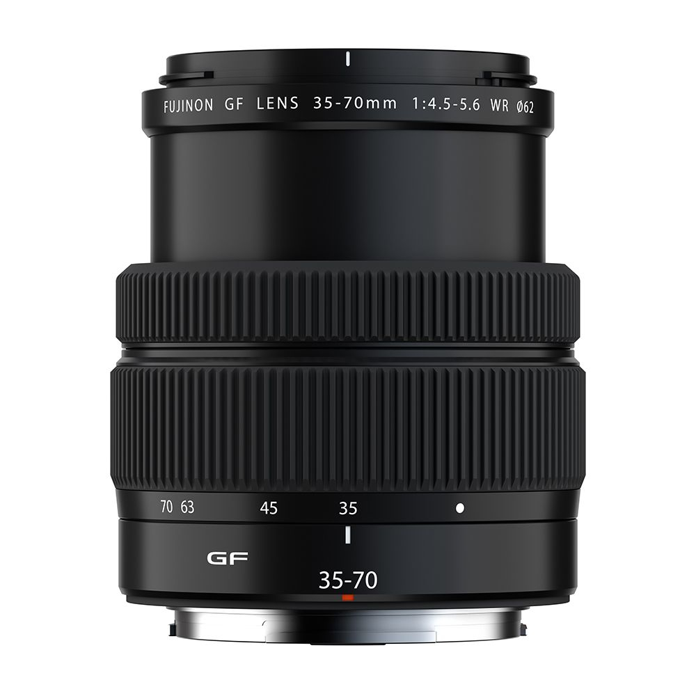 Schwarzes Fujinon GF 35-70mm Objektiv mit Fokusring und Zoomskala.