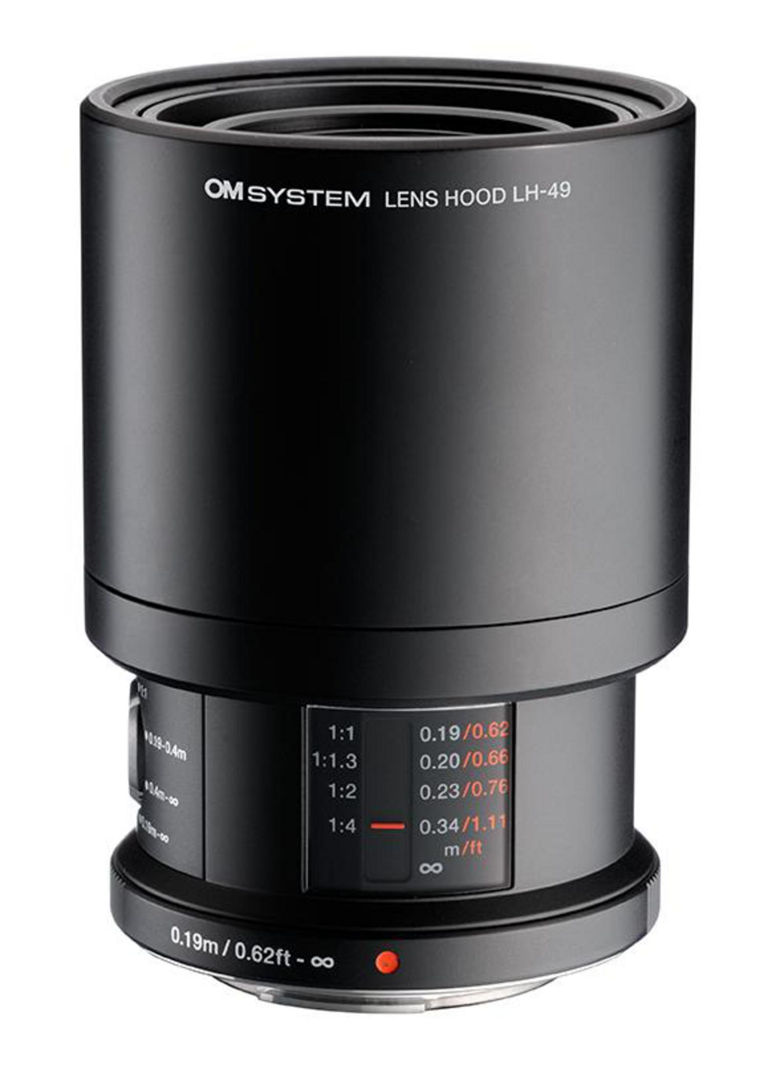 Black OM SYSTEM LH-49 lens hood with measurement markings.