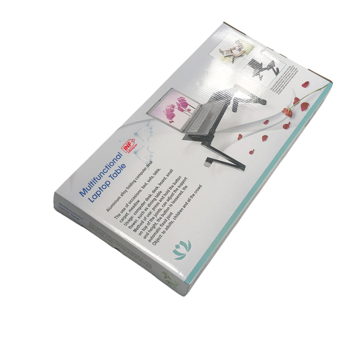 Opakowanie wielofunkcyjnego stolika pod laptop z obrazami produktu.