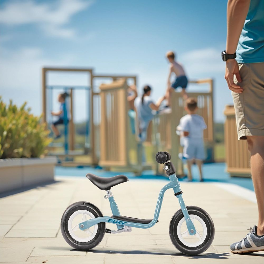 Ein blaues Laufrad steht auf einem Gehweg. Kinder spielen auf einem Spielplatz.