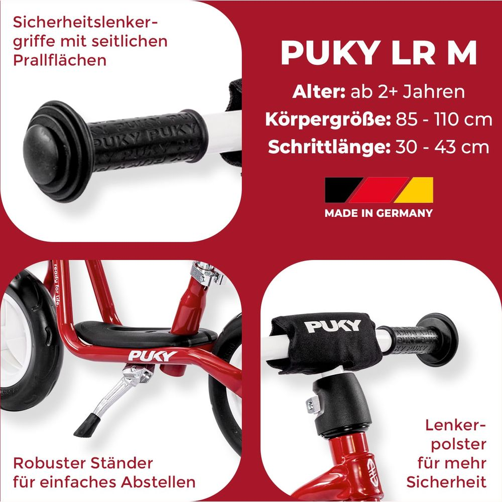 Details eines roten Puky Laufrads: Lenkergriffe, Ständer, Lenkerpolster.