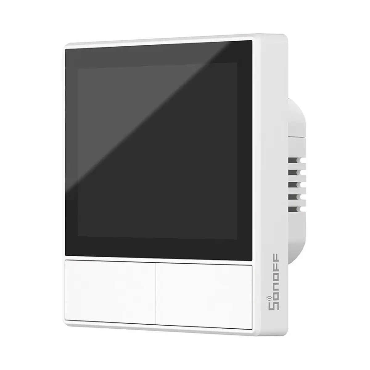 Una pantalla blanca de termostato de hogar inteligente con pantalla negra.