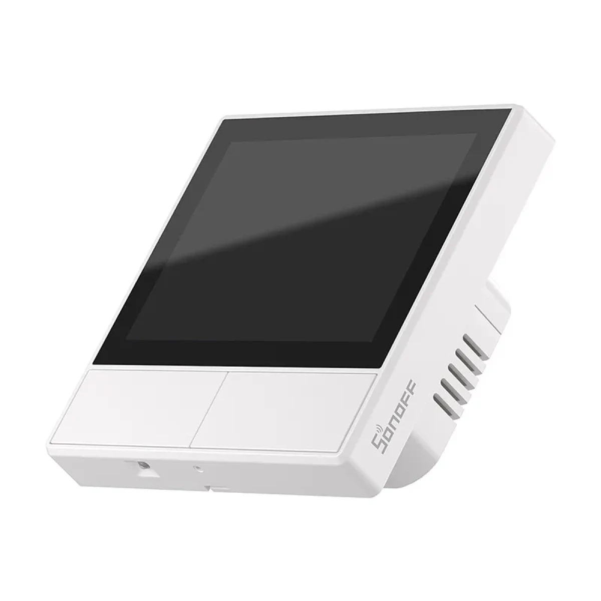 Un panel de control blanco para el hogar inteligente con pantalla táctil y dos botones.