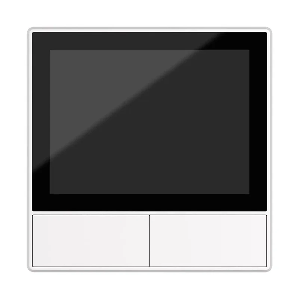 Un dispositivo táctil blanco con pantalla negra y dos botones debajo.