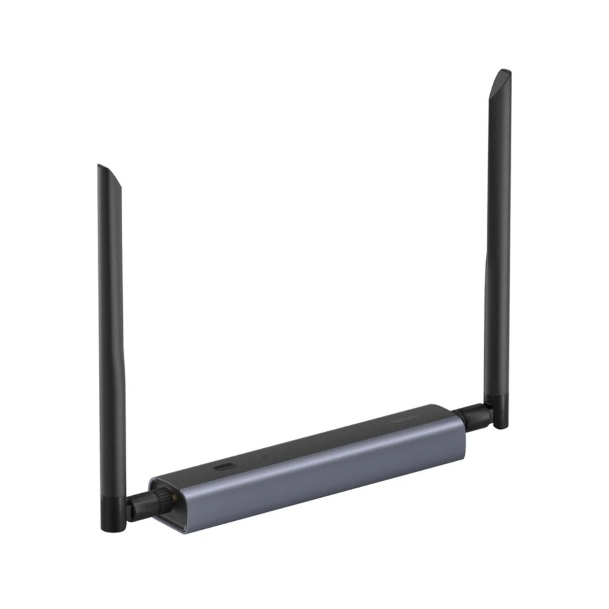 Szary adapter Wi-Fi USB z dwiema czarnymi antenami na białym tle.