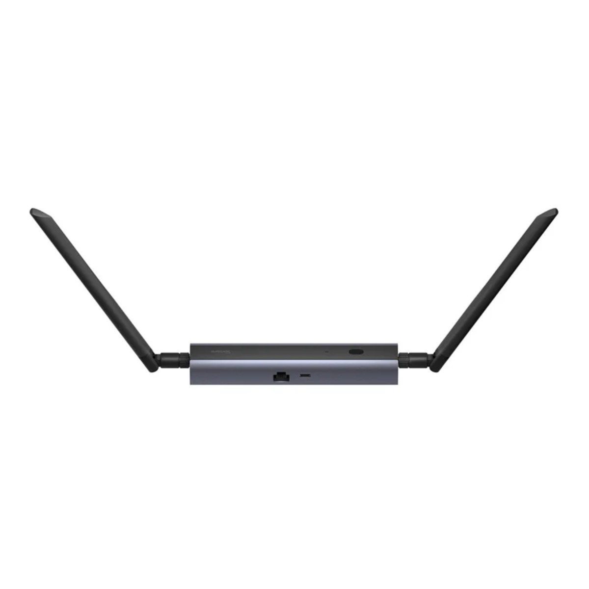 Szary router Wi-Fi z dwiema antenami na białym tle.