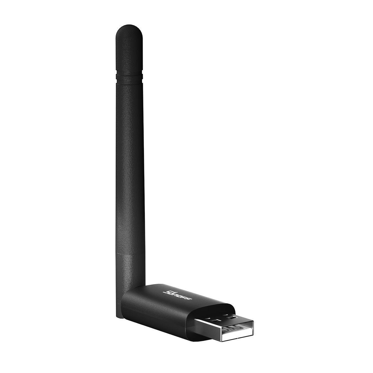 Adattatore WiFi USB nero con antenna su sfondo bianco.