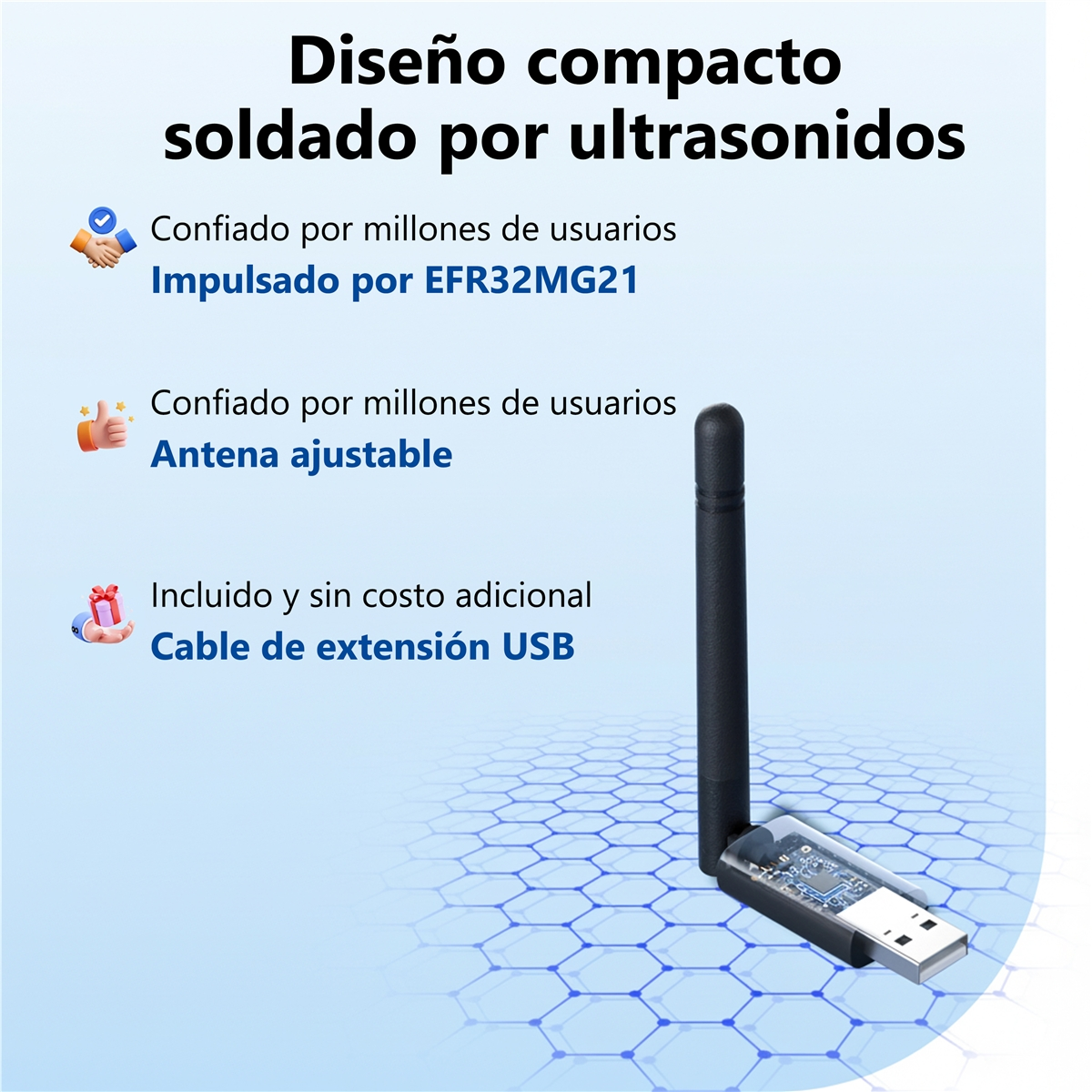 Design compatto, saldato a ultrasuoni. Adattatore Wi-Fi USB con antenna.