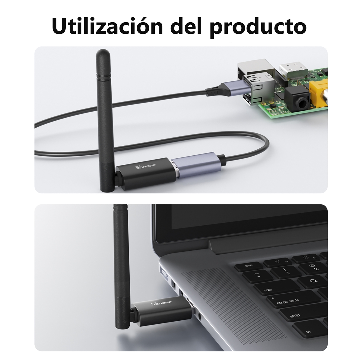Un adattatore Sonoff si collega a un Raspberry Pi e a un laptop.