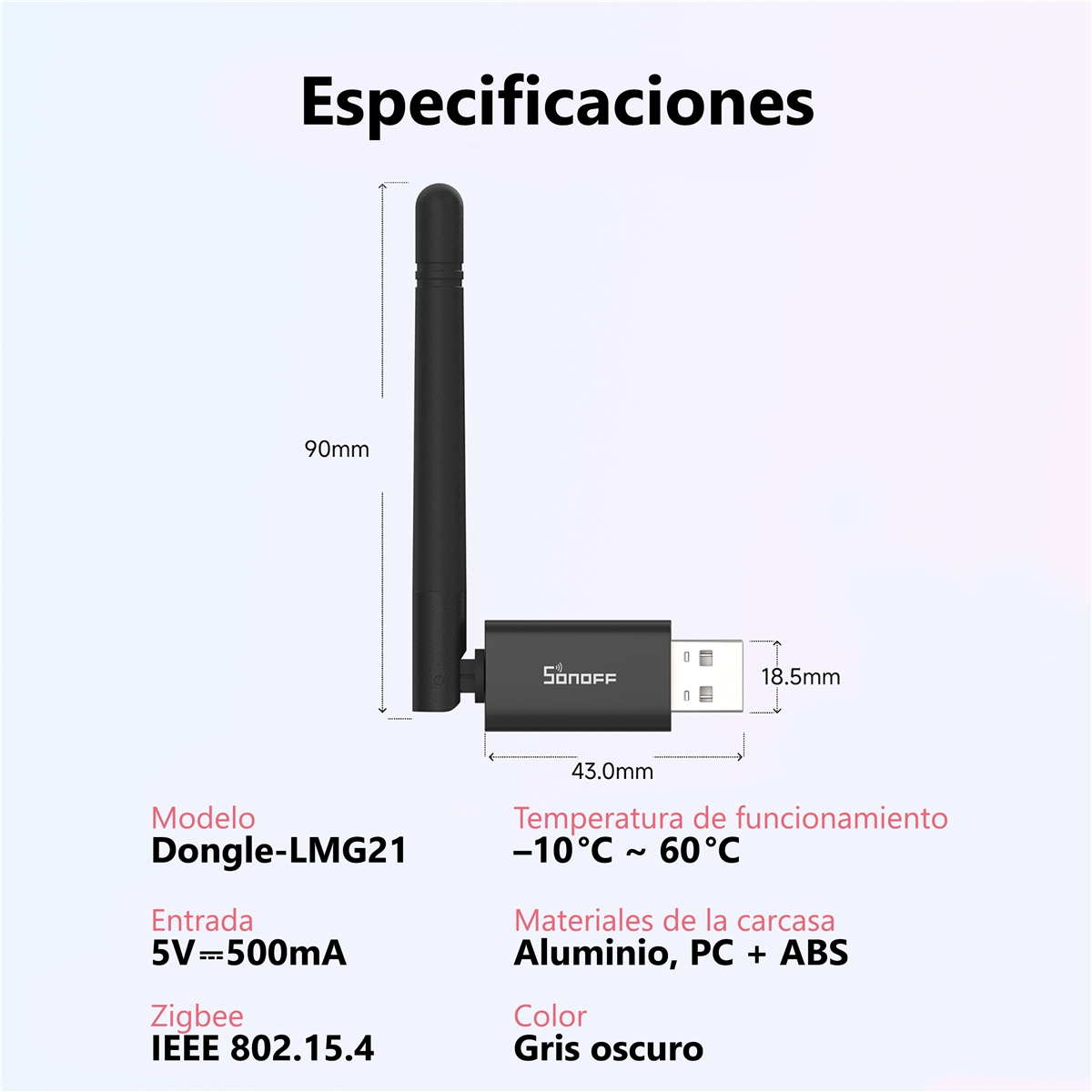 Un dongle Sonoff Zigbee grigio scuro con antenna, lungo 90mm.