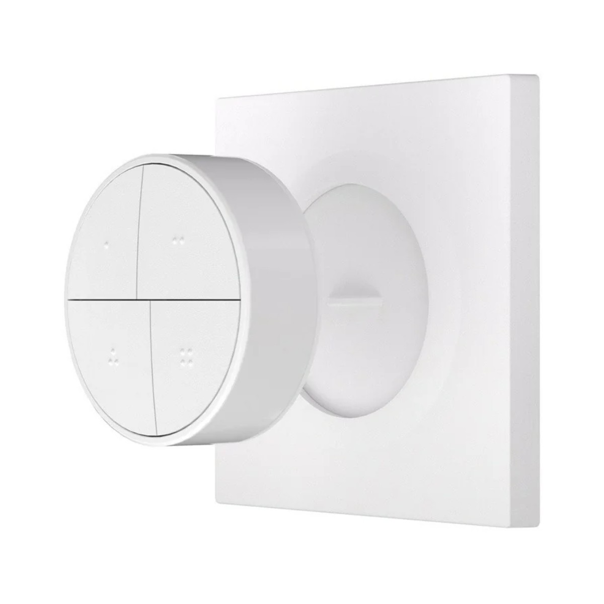 Biały okrągły przełącznik z czterema przyciskami na białym kwadratowym uchwycie ściennym.