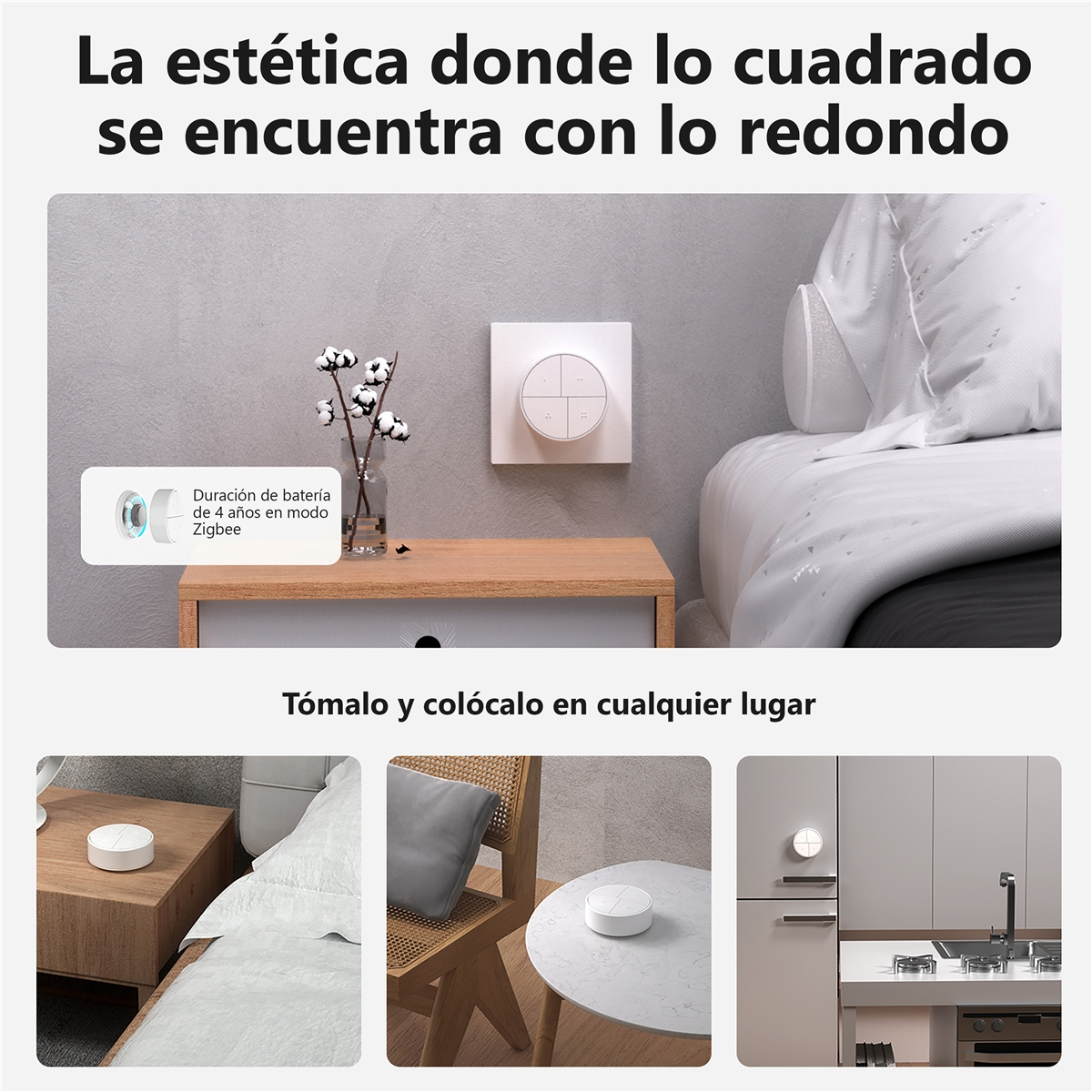 Inteligentny włącznik ścienny z gałązkami bawełny i stolikiem nocnym.