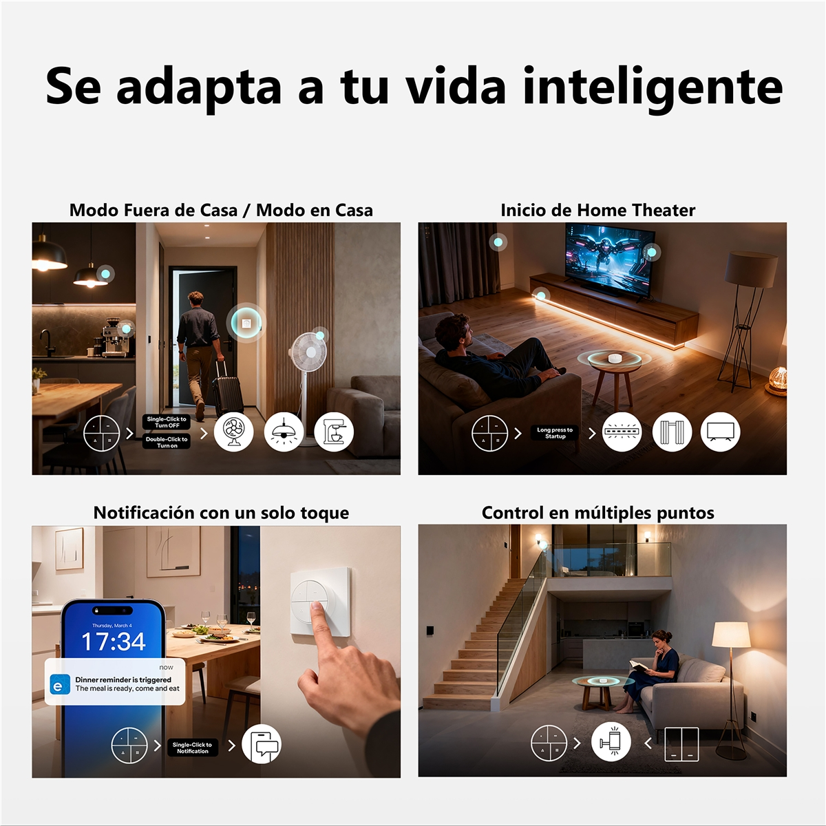 Mężczyzna wychodzi z domu, mężczyzna odpoczywa, telefon pokazuje przypomnienie, kobieta czyta.