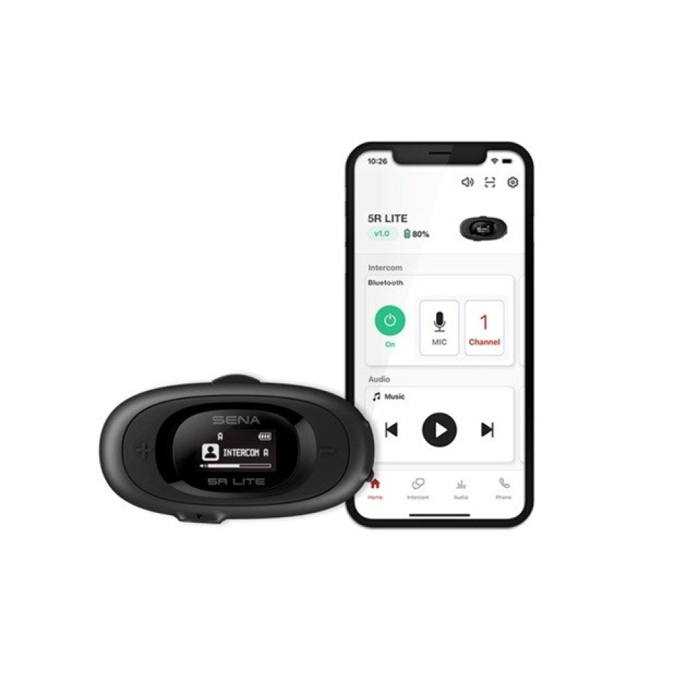 Urządzenie domofonowe Sena 5R Lite i aplikacja na smartfona z ustawieniami Bluetooth i audio.