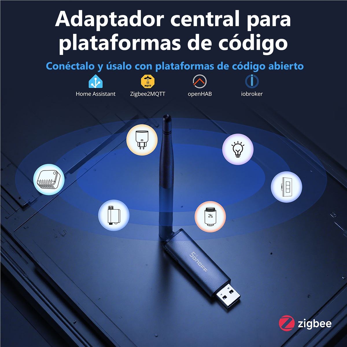 Un adattatore USB Zigbee con antenna e icone per piattaforme smart home.