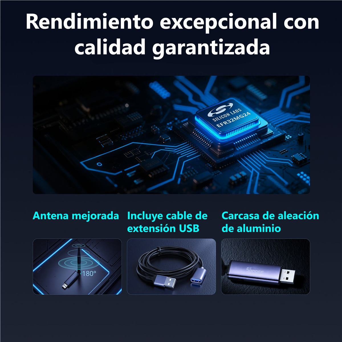 Un chip su un circuito stampato, con tre immagini: antenna, cavo USB, custodia in metallo.