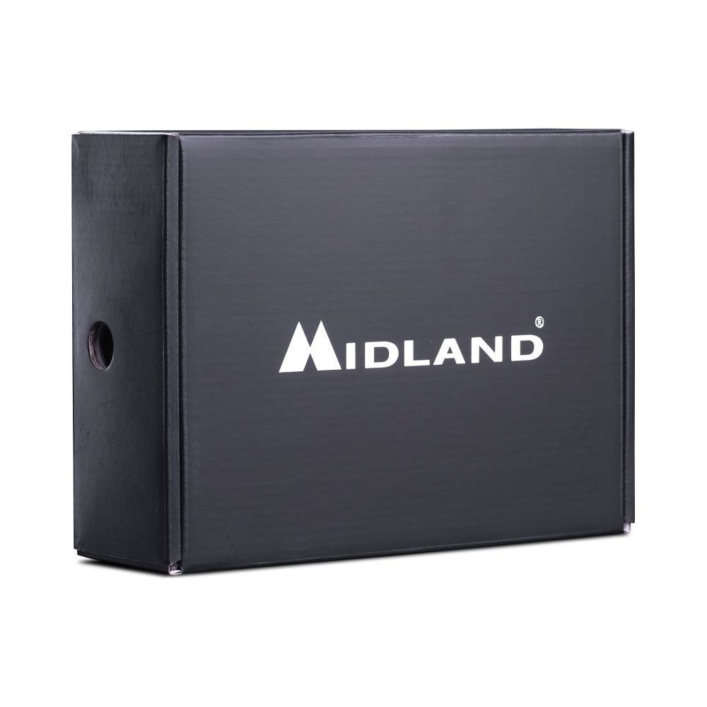 Czarne pudełko z białym logo Midland, białe tło.